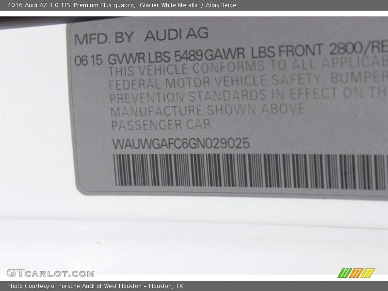 Glacier White Metallic / Atlas Beige 2016 Audi A7 3.0 TFSI Premium Plus quattro