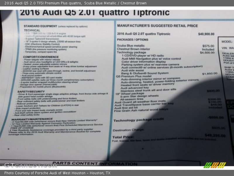  2016 Q5 2.0 TFSI Premium Plus quattro Window Sticker