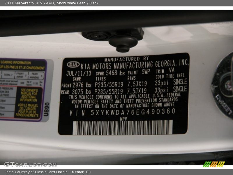 Snow White Pearl / Black 2014 Kia Sorento SX V6 AWD