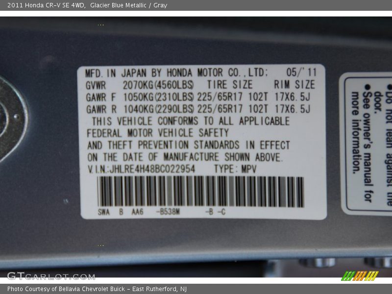 Glacier Blue Metallic / Gray 2011 Honda CR-V SE 4WD