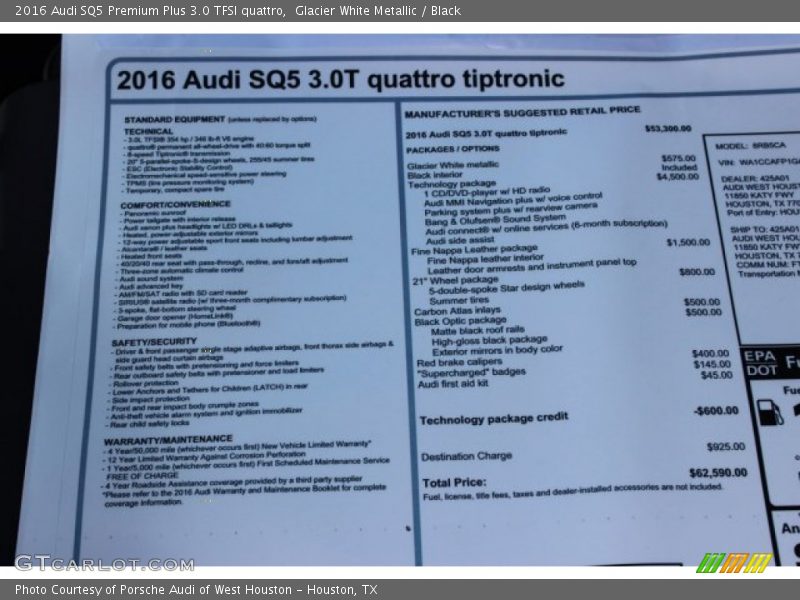 Glacier White Metallic / Black 2016 Audi SQ5 Premium Plus 3.0 TFSI quattro