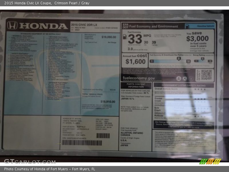 Crimson Pearl / Gray 2015 Honda Civic LX Coupe