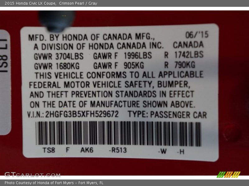 Crimson Pearl / Gray 2015 Honda Civic LX Coupe