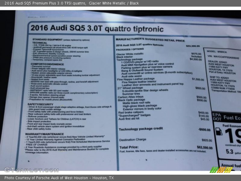  2016 SQ5 Premium Plus 3.0 TFSI quattro Window Sticker