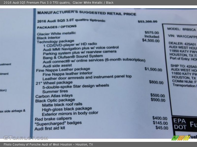  2016 SQ5 Premium Plus 3.0 TFSI quattro Window Sticker