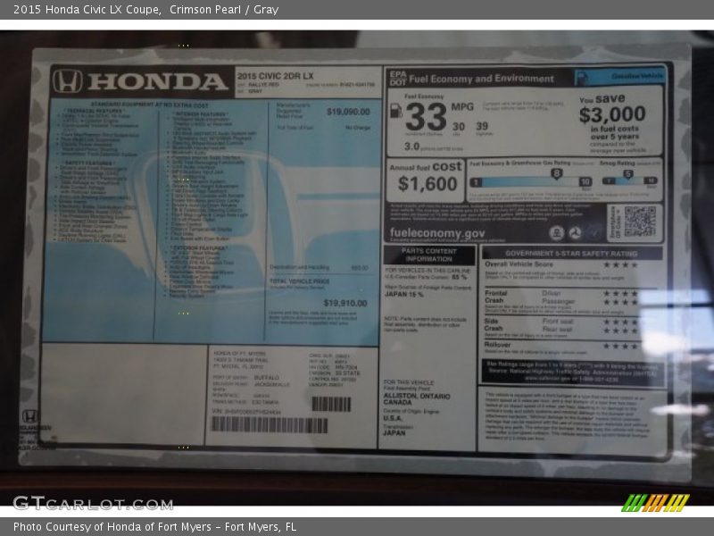 Crimson Pearl / Gray 2015 Honda Civic LX Coupe