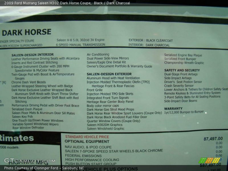 Black / Dark Charcoal 2009 Ford Mustang Saleen H302 Dark Horse Coupe