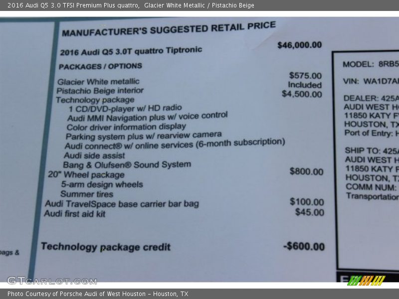  2016 Q5 3.0 TFSI Premium Plus quattro Window Sticker