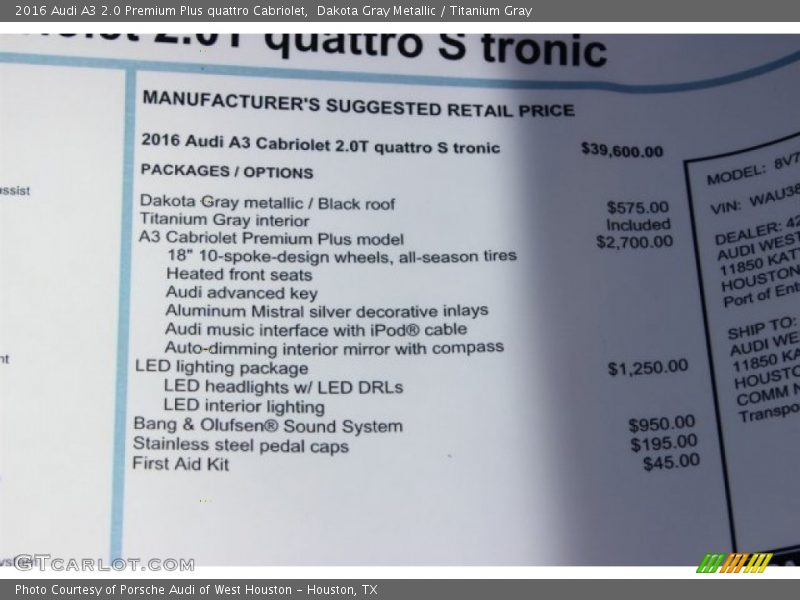  2016 A3 2.0 Premium Plus quattro Cabriolet Window Sticker