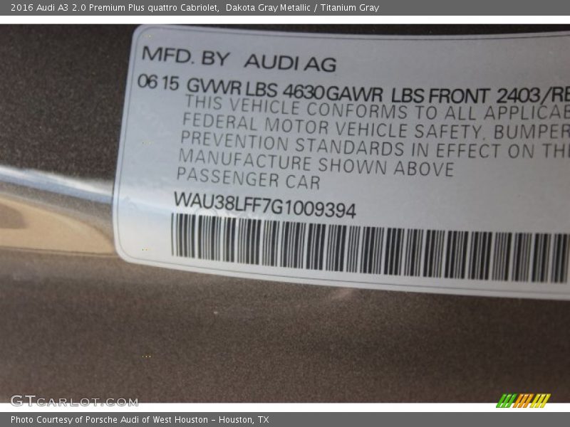Dakota Gray Metallic / Titanium Gray 2016 Audi A3 2.0 Premium Plus quattro Cabriolet
