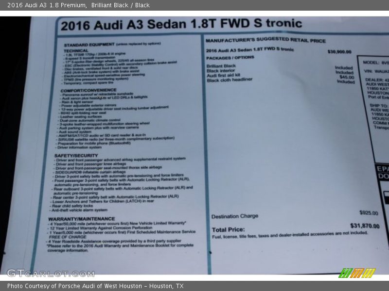  2016 A3 1.8 Premium Window Sticker