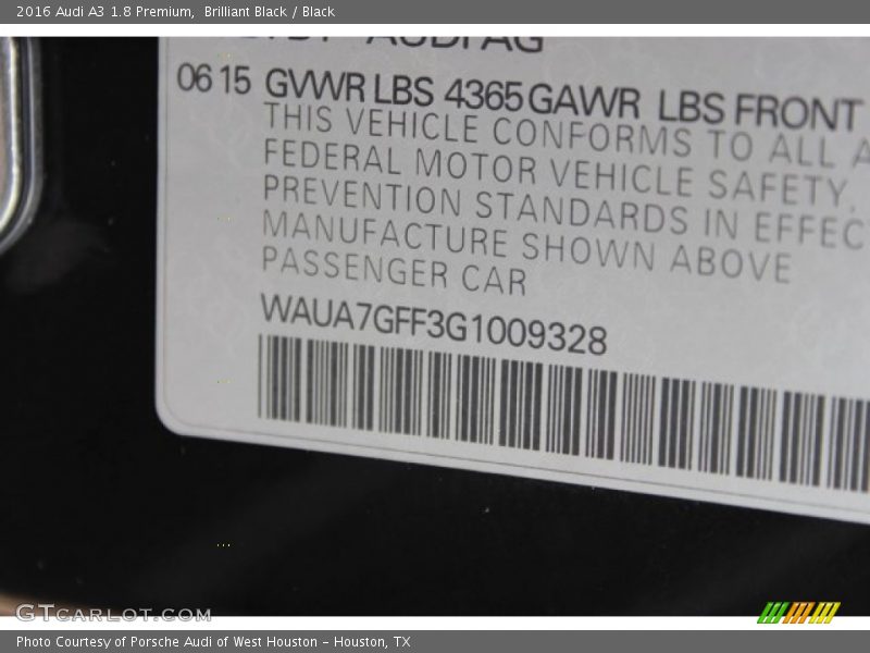 Brilliant Black / Black 2016 Audi A3 1.8 Premium