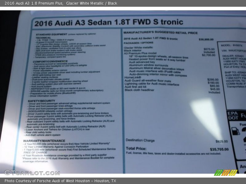  2016 A3 1.8 Premium Plus Window Sticker