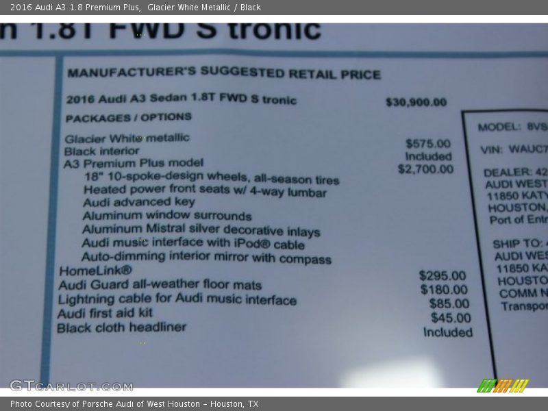  2016 A3 1.8 Premium Plus Window Sticker