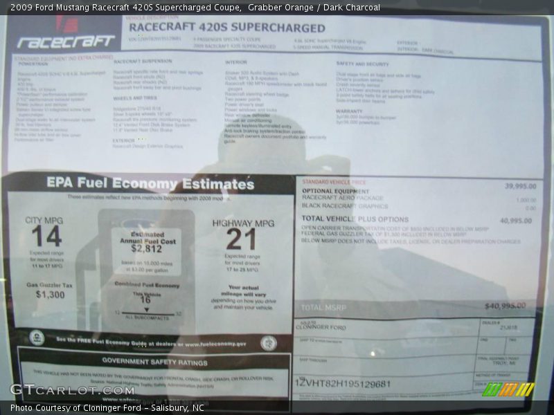 Grabber Orange / Dark Charcoal 2009 Ford Mustang Racecraft 420S Supercharged Coupe