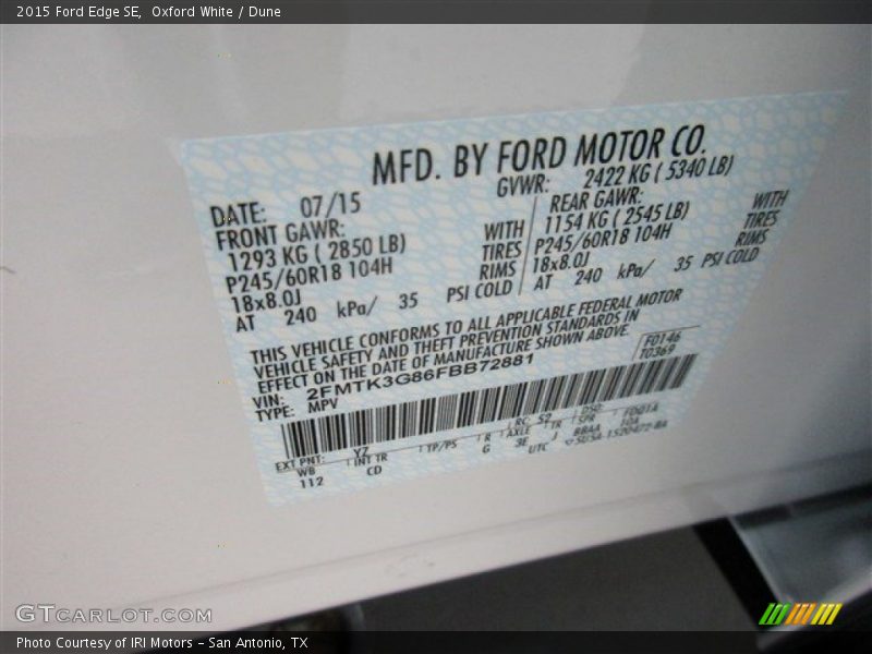 Oxford White / Dune 2015 Ford Edge SE