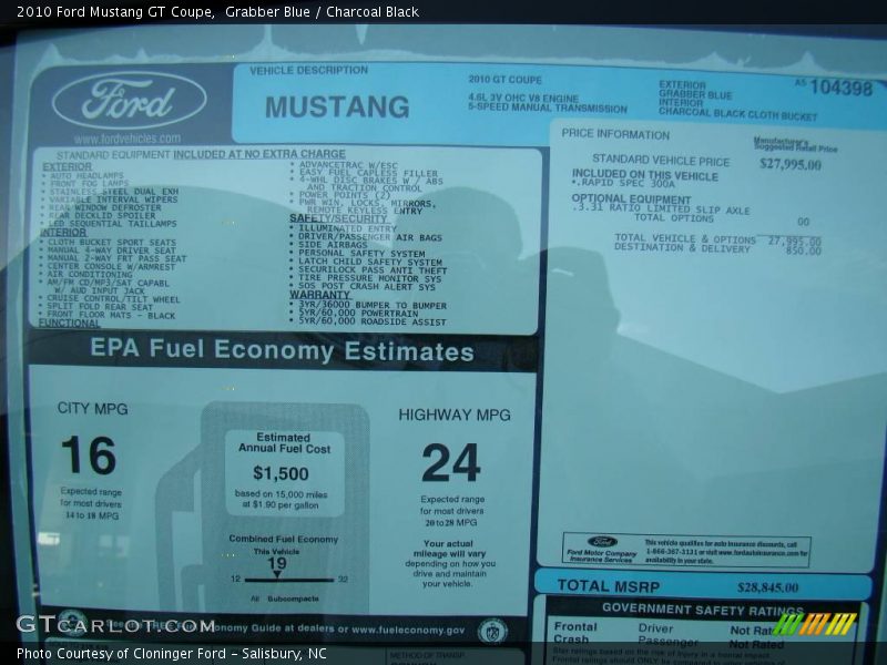 Grabber Blue / Charcoal Black 2010 Ford Mustang GT Coupe