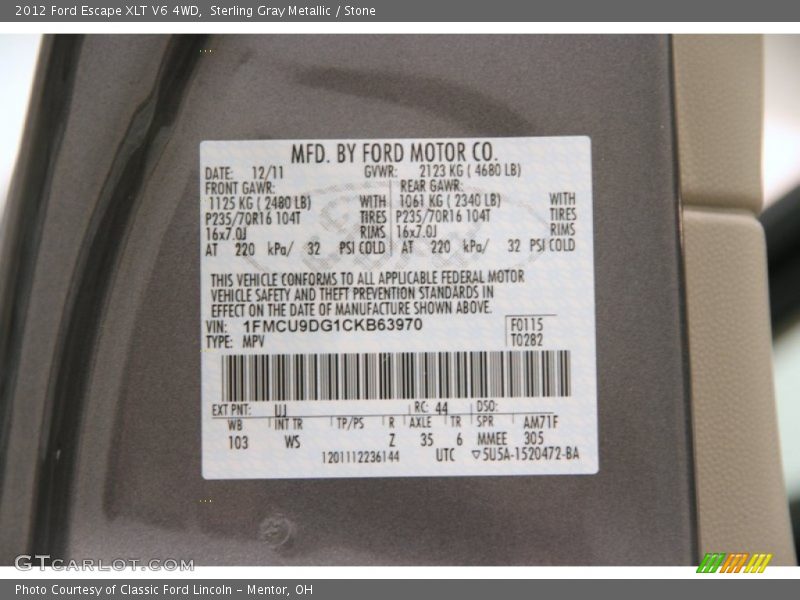 Sterling Gray Metallic / Stone 2012 Ford Escape XLT V6 4WD