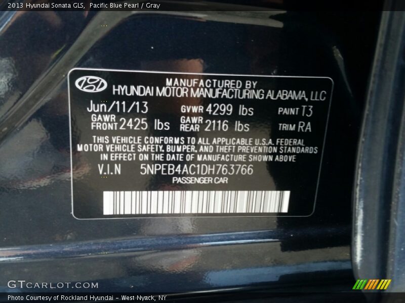 Pacific Blue Pearl / Gray 2013 Hyundai Sonata GLS