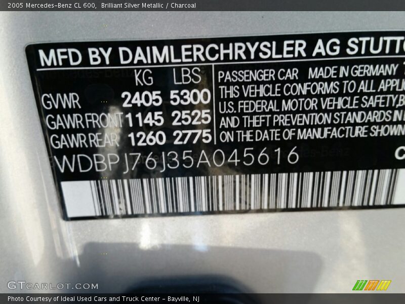 Brilliant Silver Metallic / Charcoal 2005 Mercedes-Benz CL 600