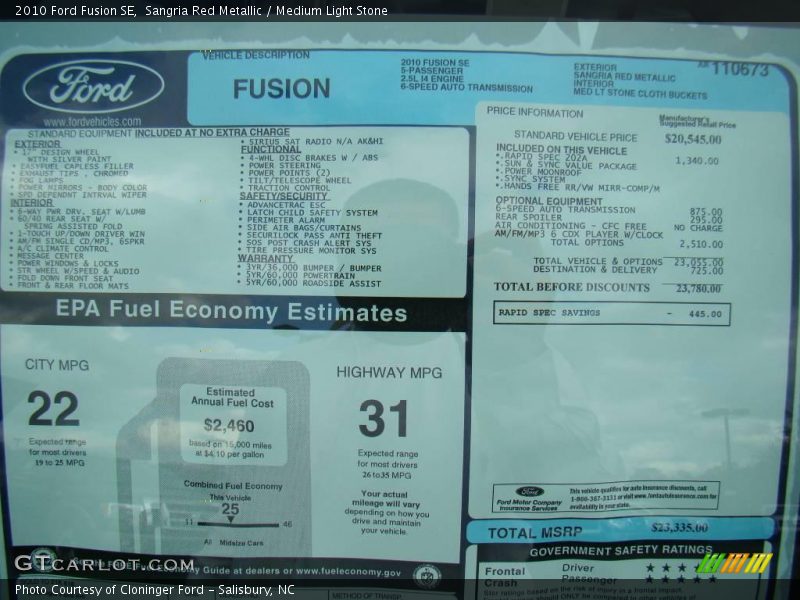 Sangria Red Metallic / Medium Light Stone 2010 Ford Fusion SE