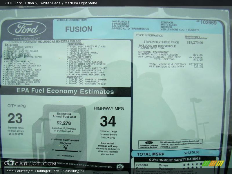 White Suede / Medium Light Stone 2010 Ford Fusion S