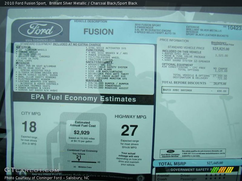 Brilliant Silver Metallic / Charcoal Black/Sport Black 2010 Ford Fusion Sport