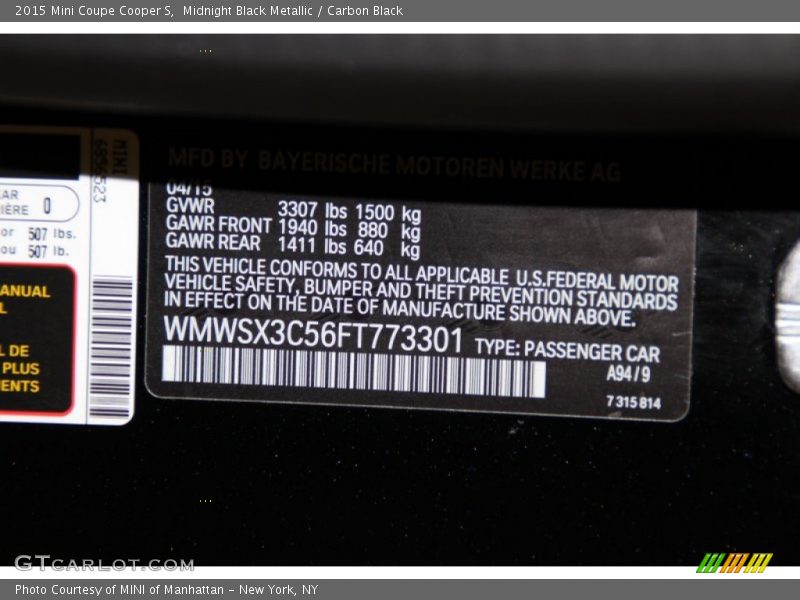 2015 Coupe Cooper S Midnight Black Metallic Color Code A94