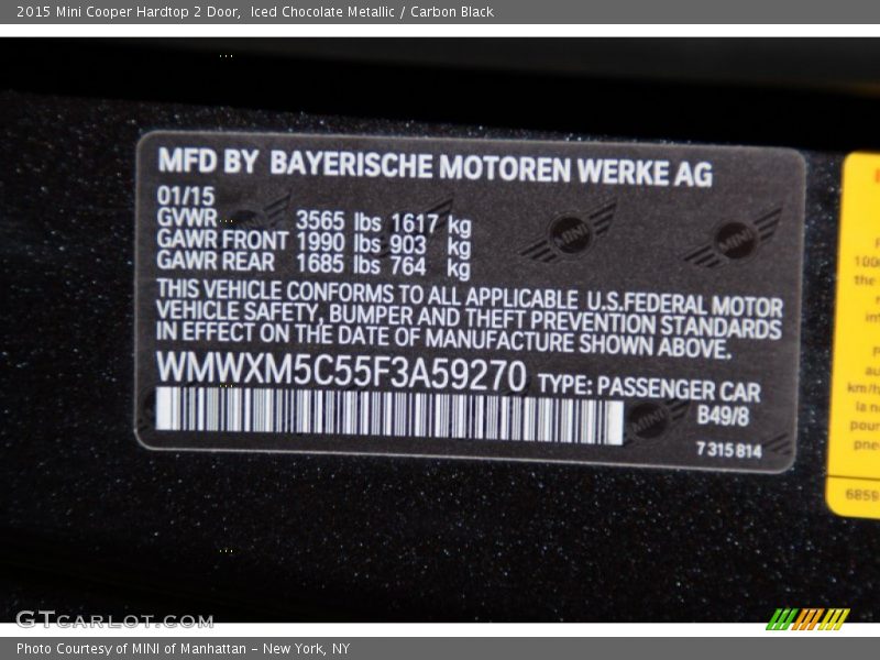 Iced Chocolate Metallic / Carbon Black 2015 Mini Cooper Hardtop 2 Door