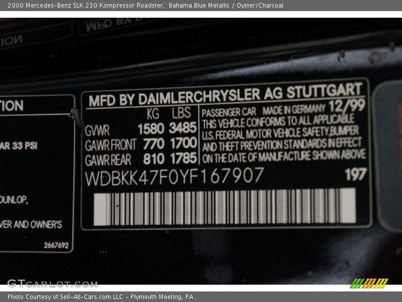 Bahama Blue Metallic / Oyster/Charcoal 2000 Mercedes-Benz SLK 230 Kompressor Roadster