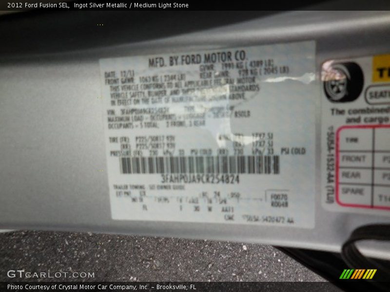 Ingot Silver Metallic / Medium Light Stone 2012 Ford Fusion SEL