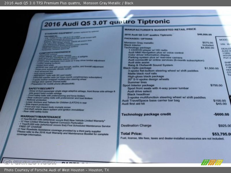  2016 Q5 3.0 TFSI Premium Plus quattro Window Sticker