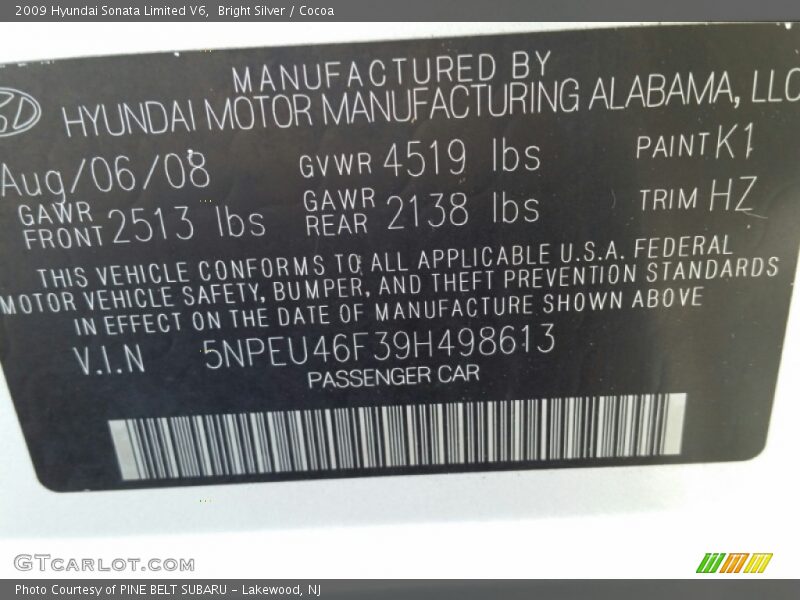 Bright Silver / Cocoa 2009 Hyundai Sonata Limited V6
