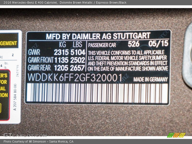 2016 E 400 Cabriolet Dolomite Brown Metallic Color Code 526