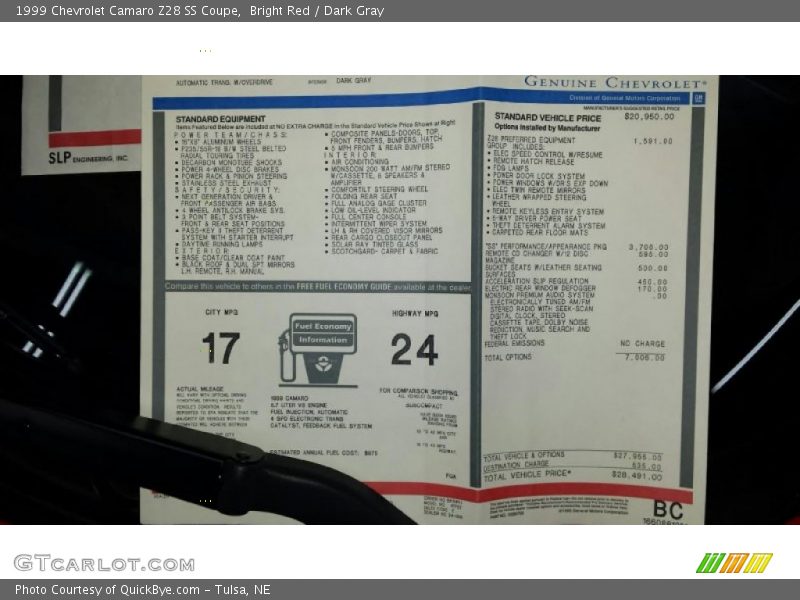  1999 Camaro Z28 SS Coupe Window Sticker