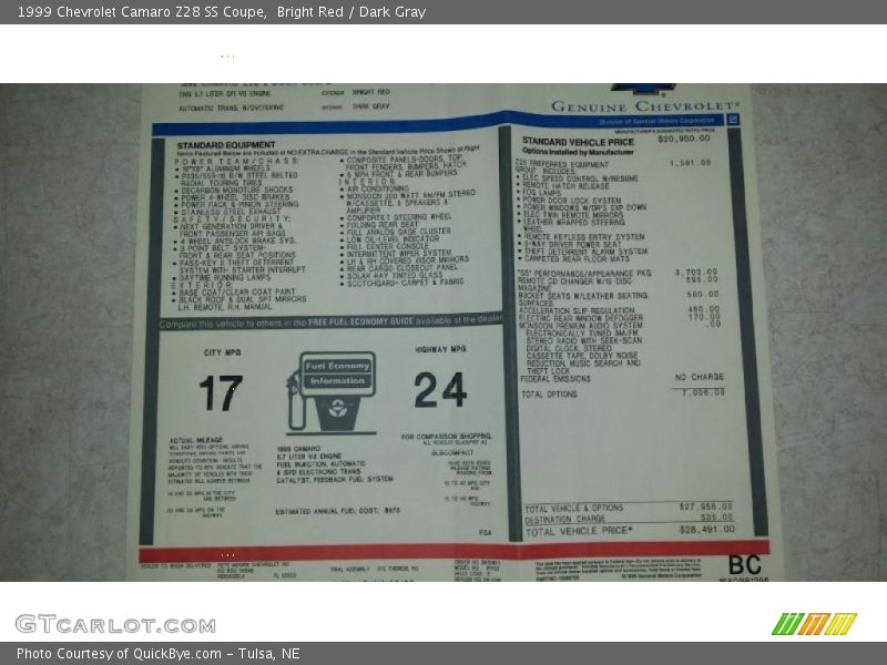 1999 Camaro Z28 SS Coupe Window Sticker