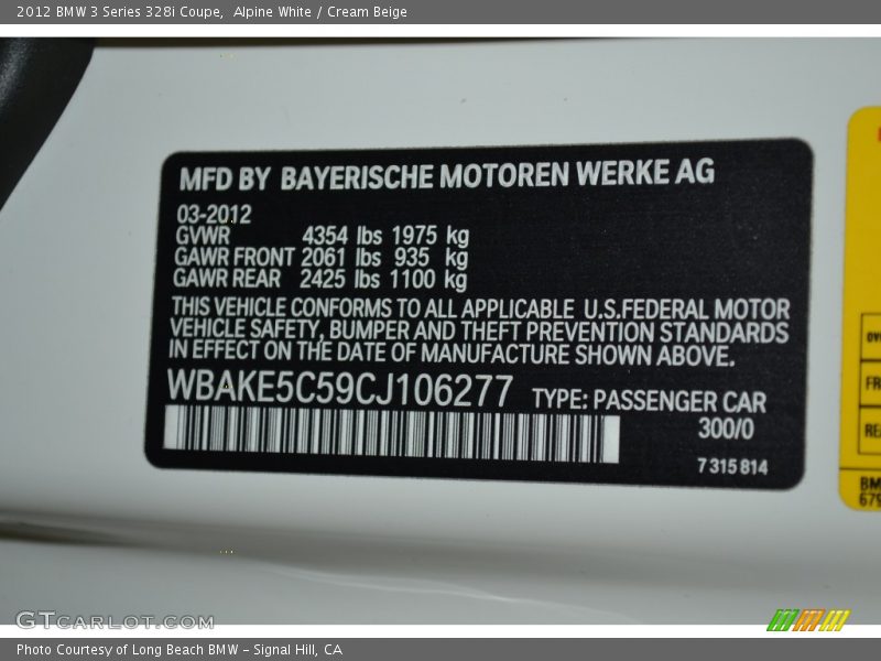 Alpine White / Cream Beige 2012 BMW 3 Series 328i Coupe