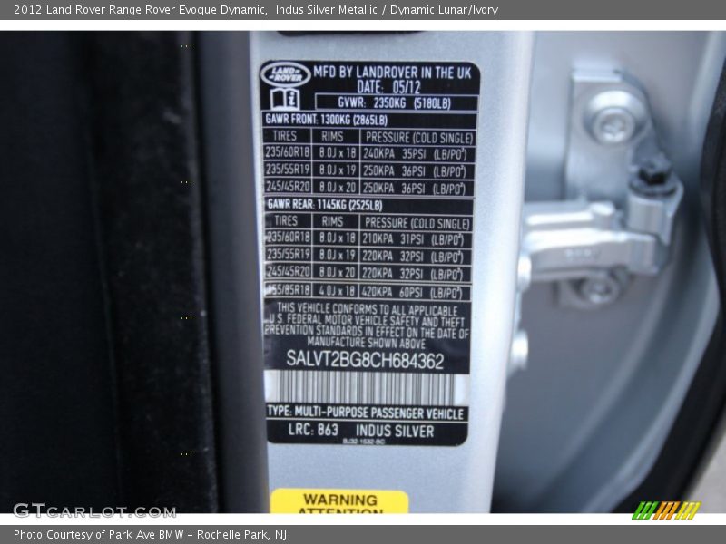 Indus Silver Metallic / Dynamic Lunar/Ivory 2012 Land Rover Range Rover Evoque Dynamic