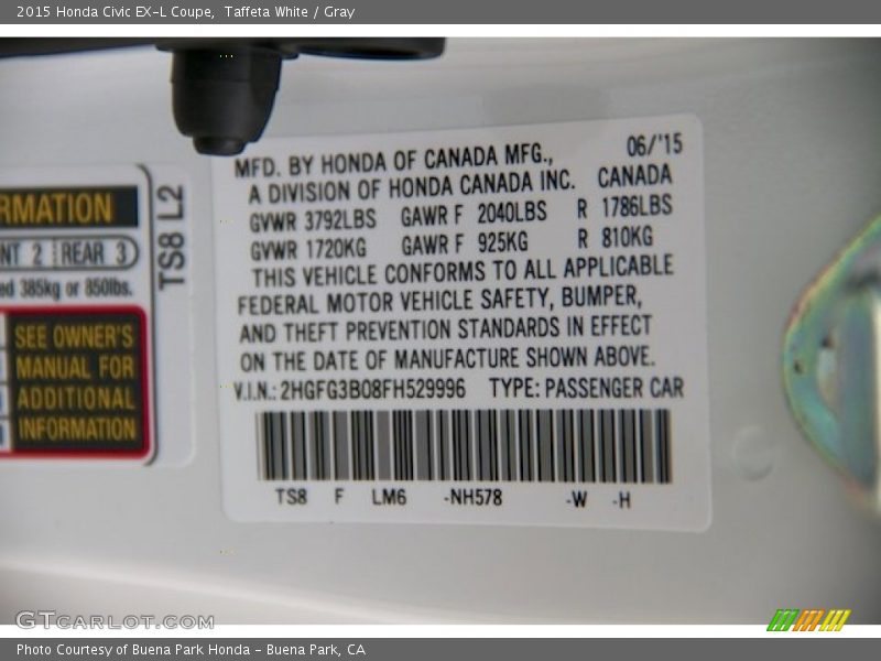 Taffeta White / Gray 2015 Honda Civic EX-L Coupe