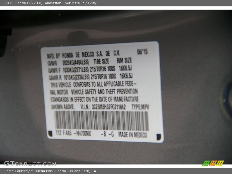 Alabaster Silver Metallic / Gray 2015 Honda CR-V LX