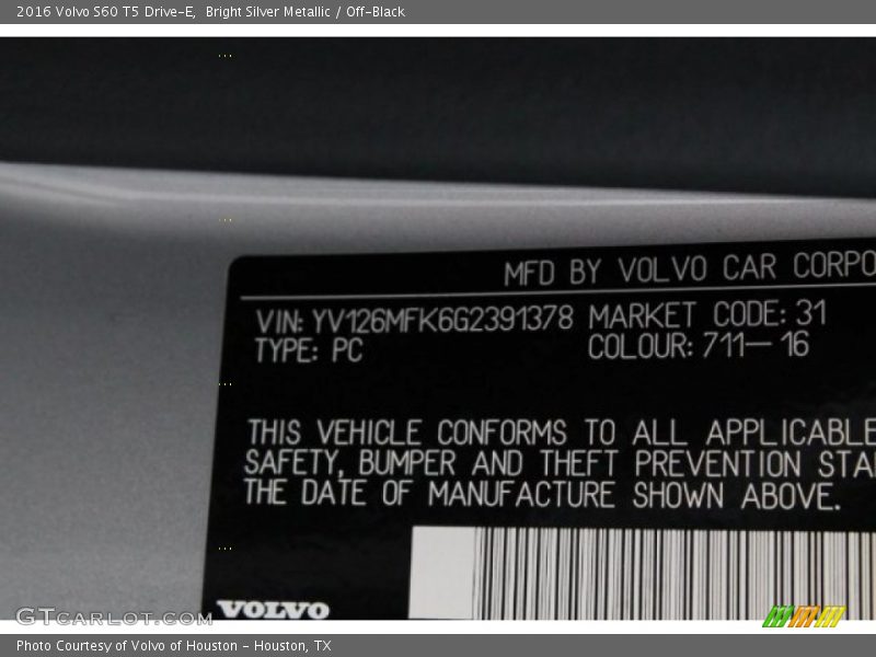 2016 S60 T5 Drive-E Bright Silver Metallic Color Code 711