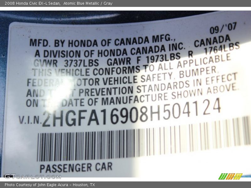 Atomic Blue Metallic / Gray 2008 Honda Civic EX-L Sedan