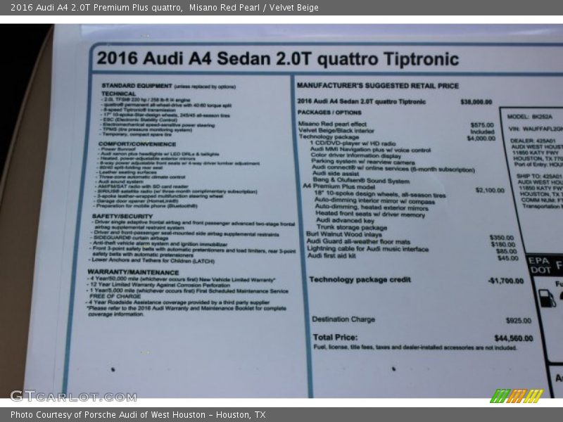 Misano Red Pearl / Velvet Beige 2016 Audi A4 2.0T Premium Plus quattro