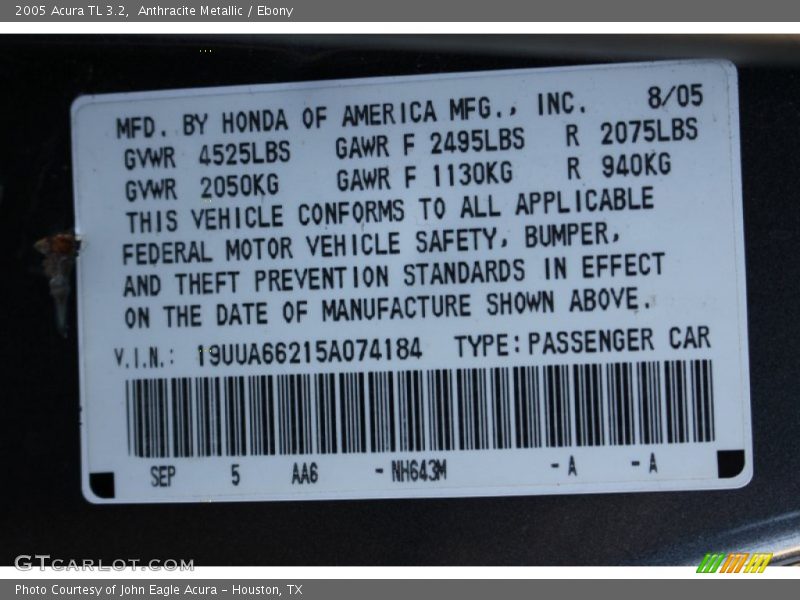 Anthracite Metallic / Ebony 2005 Acura TL 3.2