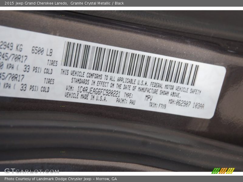 Granite Crystal Metallic / Black 2015 Jeep Grand Cherokee Laredo