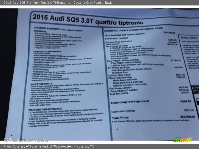 Daytona Gray Pearl / Black 2016 Audi SQ5 Premium Plus 3.0 TFSI quattro