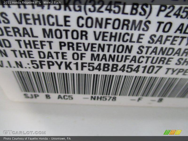 White / Black 2011 Honda Ridgeline RTL