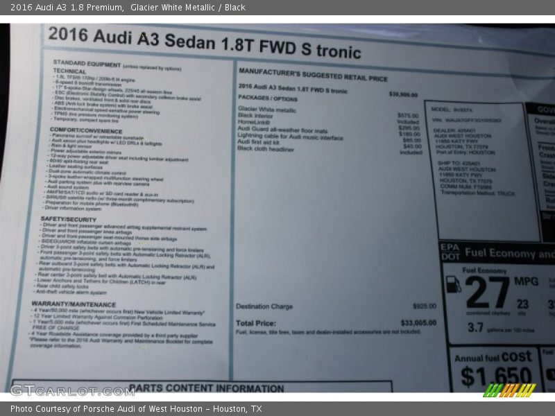  2016 A3 1.8 Premium Window Sticker