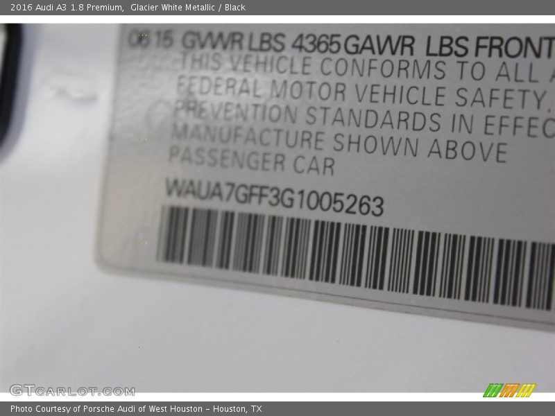 Glacier White Metallic / Black 2016 Audi A3 1.8 Premium