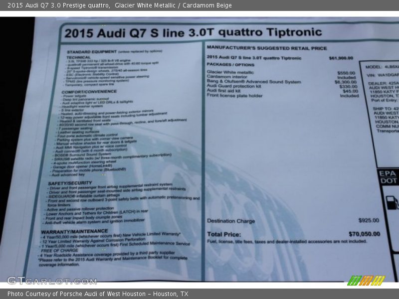 Glacier White Metallic / Cardamom Beige 2015 Audi Q7 3.0 Prestige quattro